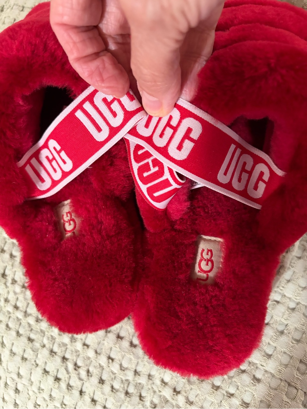 UGG Red Plush Shearling Logo Strap Slides